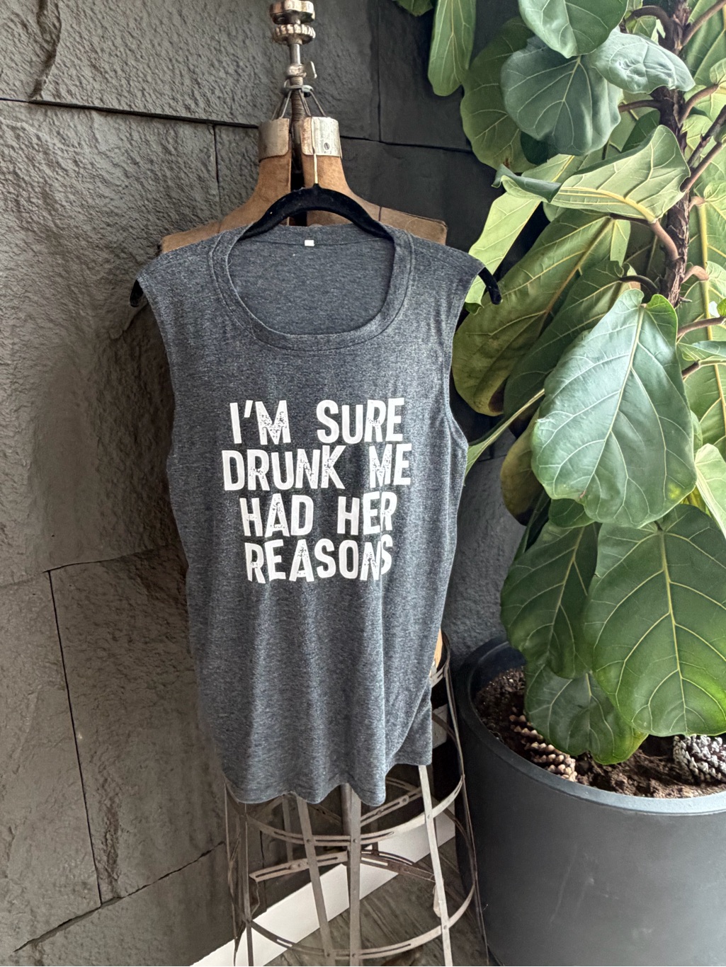 Women's Charcoal Graphic Muscle Tank - 'I'm Sure Drunk Me Had Her Reasons'